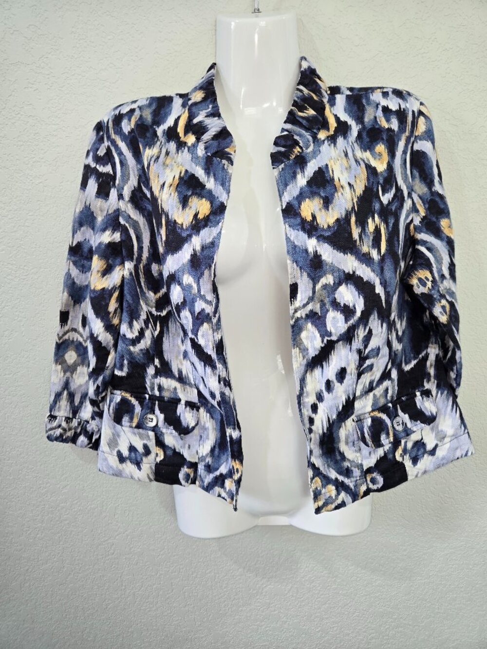 Chico's Blue Abstract Print Open Front Jacket | Size 1 (M)